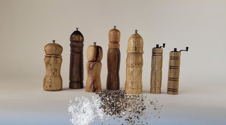 Handcrafted wooden salt and pepper mills in a variety of hardwoods